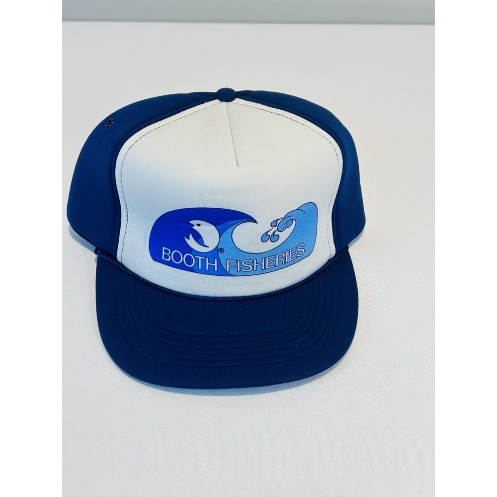 Vintage Booth Fisheries Trucker Hat Blue White Snapback Mesh Foam Cap 80s Taiwan